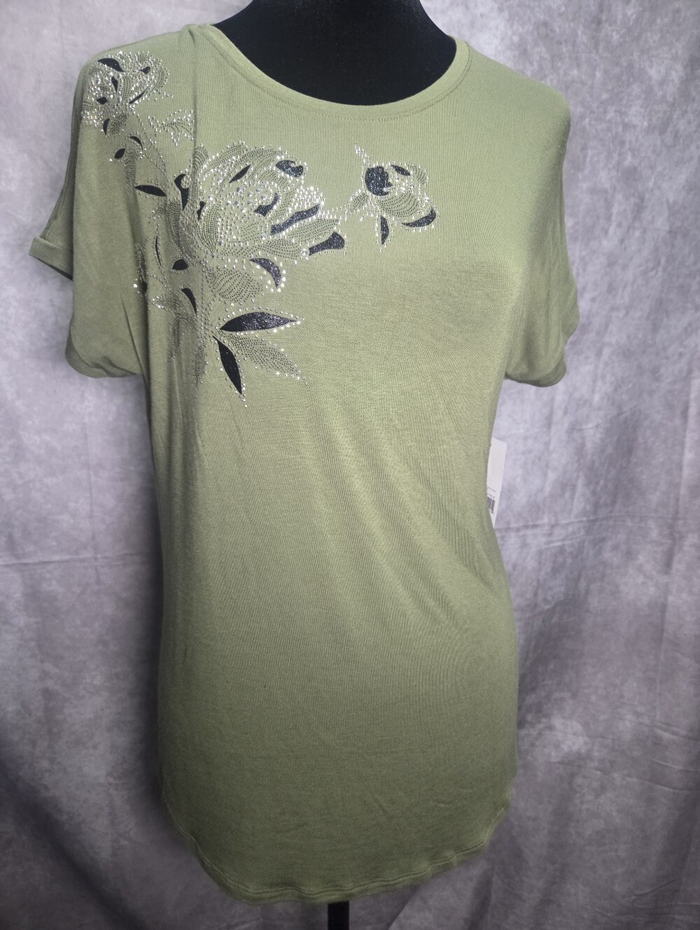 Apt. 9 Olive Green Short Sleeve Tee with Rhinestone Floral Accent
